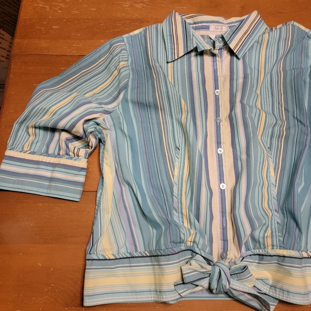 CJ Banks Turquoise, Yellow Stripe Button Down Tie Hem Blouse Plus Size 2X - Picture 7 of 12